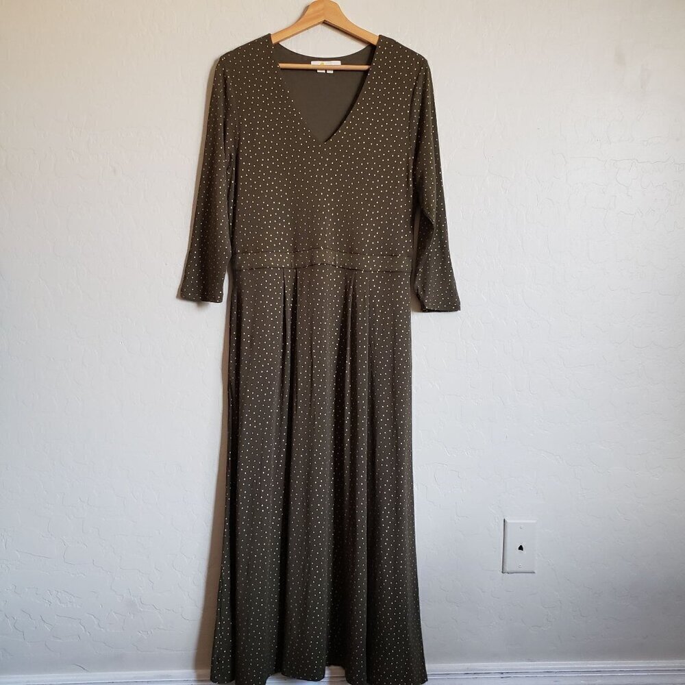 Boden Coraline Jersey V-Neck Midi Dress Metallic Gold Polka Dot Olive Womens 10R